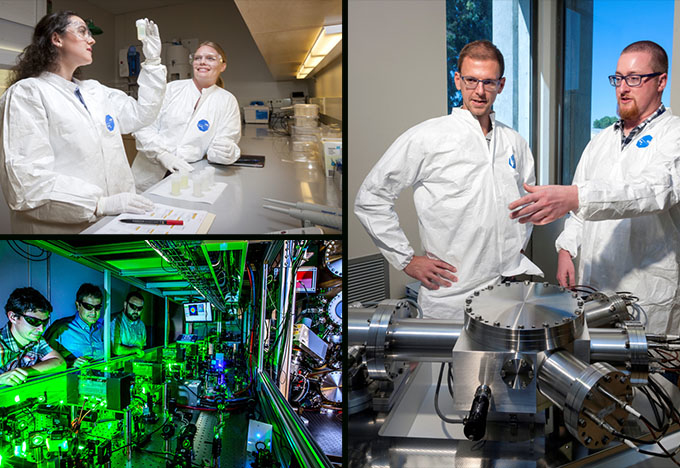 Collage of pictures showing scientists working in the lab