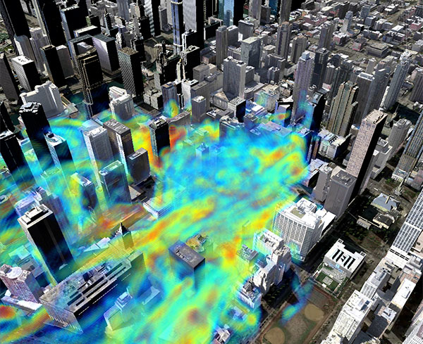 Cloud simulation amidst buildings